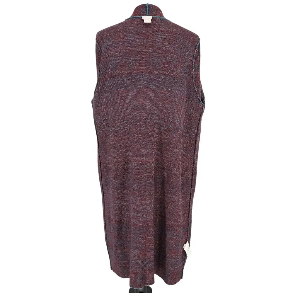 Chicos Sweater 2 Womens Large Green Burgundy Floral Long Cardigan Duster Open